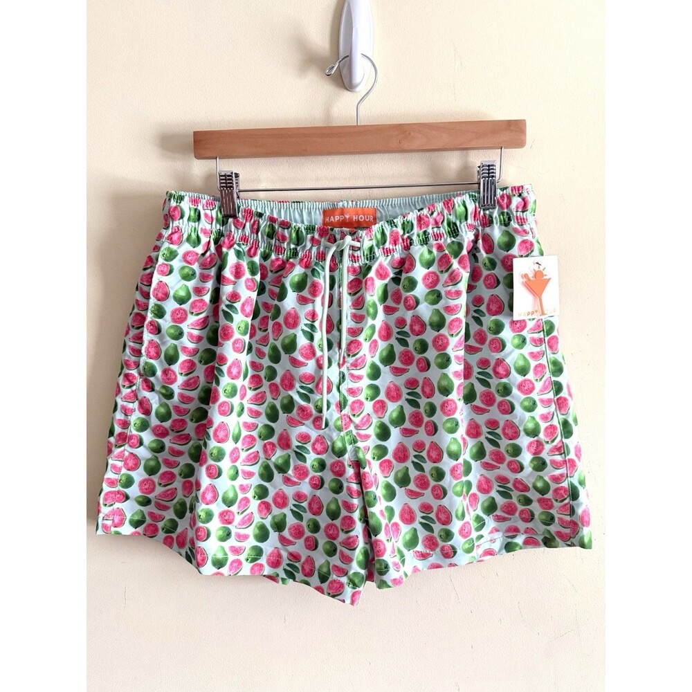 Happy Hour Men’s XL Swim Shorts Trunks Lined Green  Pomegranate Fun NWT 5”‎